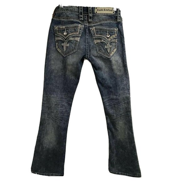 Rock Revival Luz Boot Blue Denim Jeans 25x29 Stretch Leather Flap Pockets Bling - Picture 1 of 11